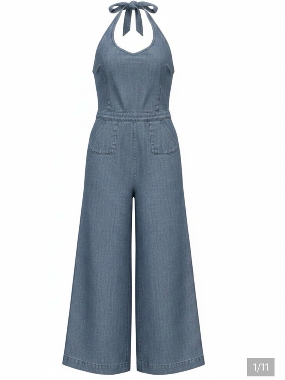 Kardashian Kollection Lightweight Denim Halter Wide-Leg Jumpsuit